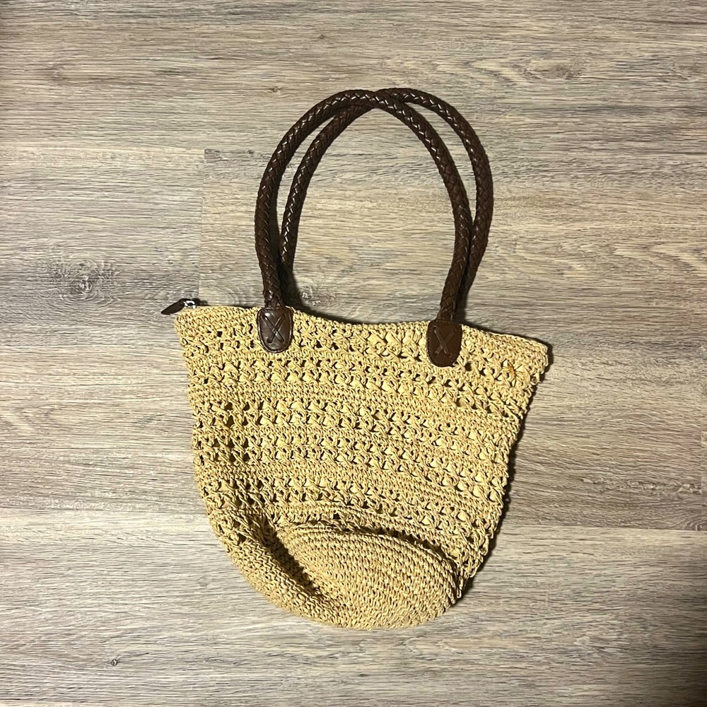 Wicker Jute Tote with Leather Handles